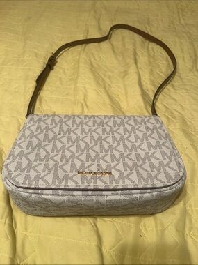 Michael Kors Light Gray MK Logo Crossbody with Tan Strap
